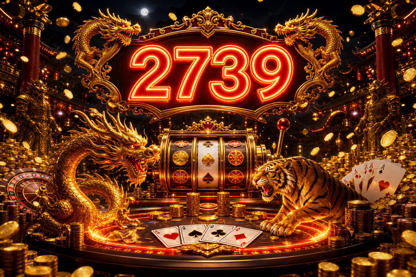 Ilustrasi kelinci keberuntungan dengan gulungan slot dan koin hadiah dalam tema Fortune Rabbit 2739